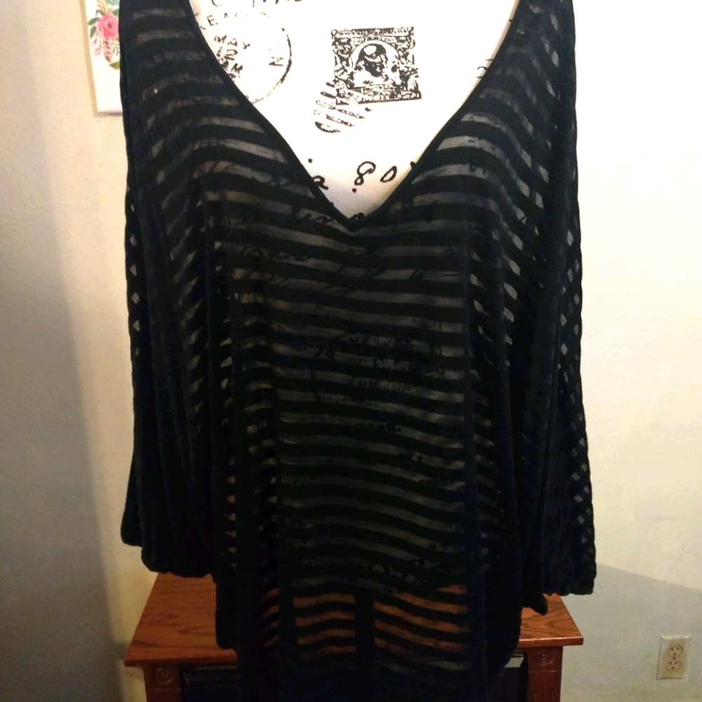 Lovely Sheer Black Batwing V-Neck Top